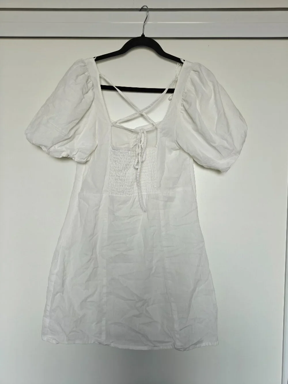 H&M White Cotton Linen Puff Sleeve Mini Dress Medium Open Back Cottagecore 0721 - Picture 4 of 8